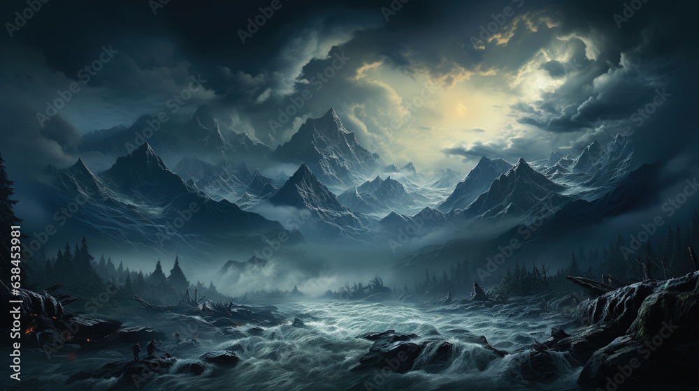Alps Snow Mountains and Floating River Moody Landscape Background AI Generative Alps Snow Mountains and Floating River Moody Landscape Background AI Generative