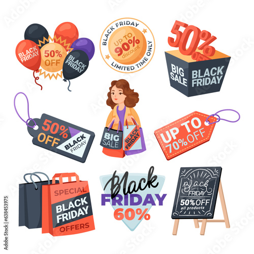 Black Friday advertisement elements vector illustrations set. Drawings of shopping bags, balloons, price tags with discount symbols, shopper character. Black Friday, shopping, sale concept