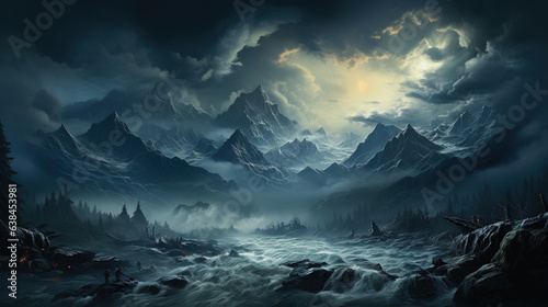 Alps Snow Mountains and Floating River Moody Landscape Background AI Generative © Image Lounge