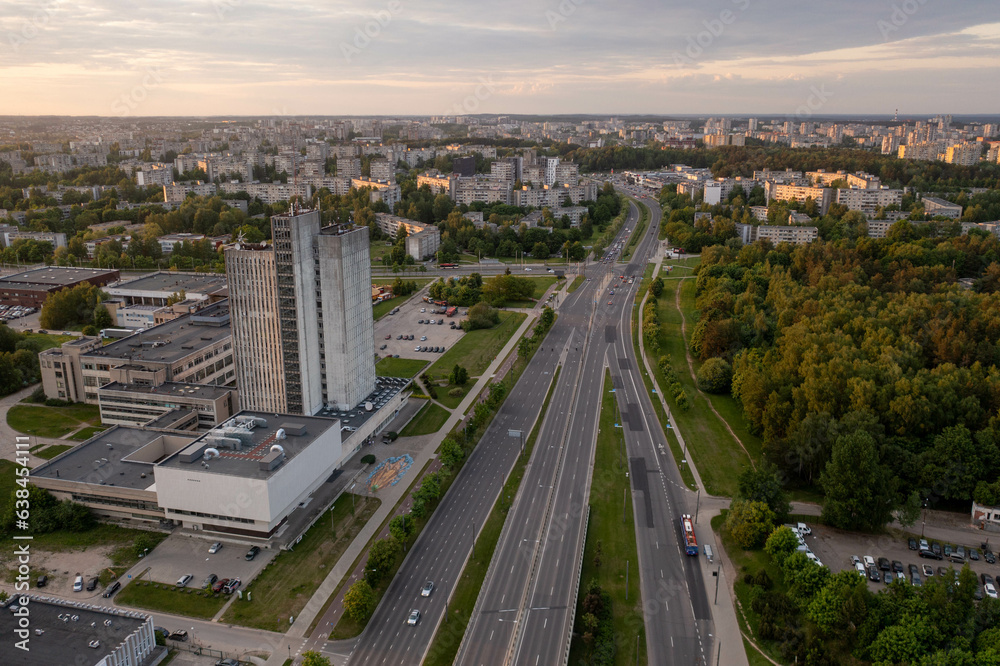 Drone photography of city's apartment complex, big road in a city