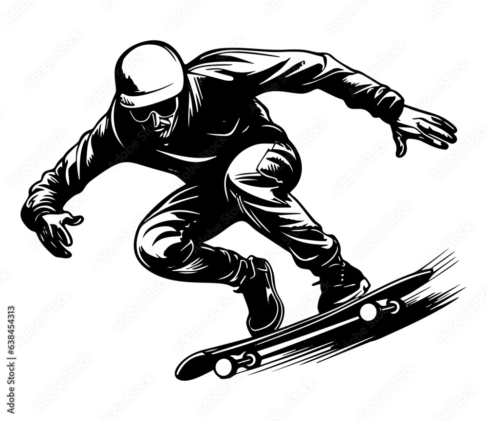 Stylish young skater jumping, skating Skateboard. Teenagers street culture entertainment. Skateboarding guy Hand-drawn outline contour silhouette. Can be used as tatoo, t-shirt. Vector illustration.

