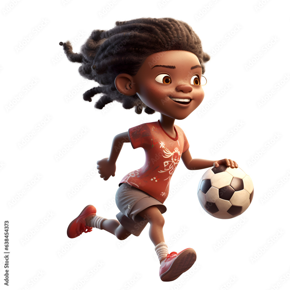 3D digital render of a cute african american girl playing soccer isolated on white background