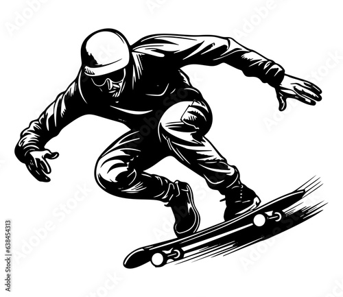 Stylish young skater jumping, skating Skateboard. Teenagers street culture entertainment. Skateboarding guy Hand-drawn outline contour silhouette. Can be used as tatoo, t-shirt. Vector illustration.

