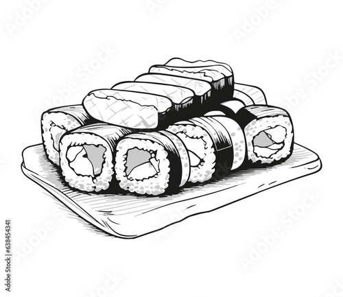 Monochrome japanese food icons set with sushi chopsticks and bowls with wasabi soy isolated vector illustration
