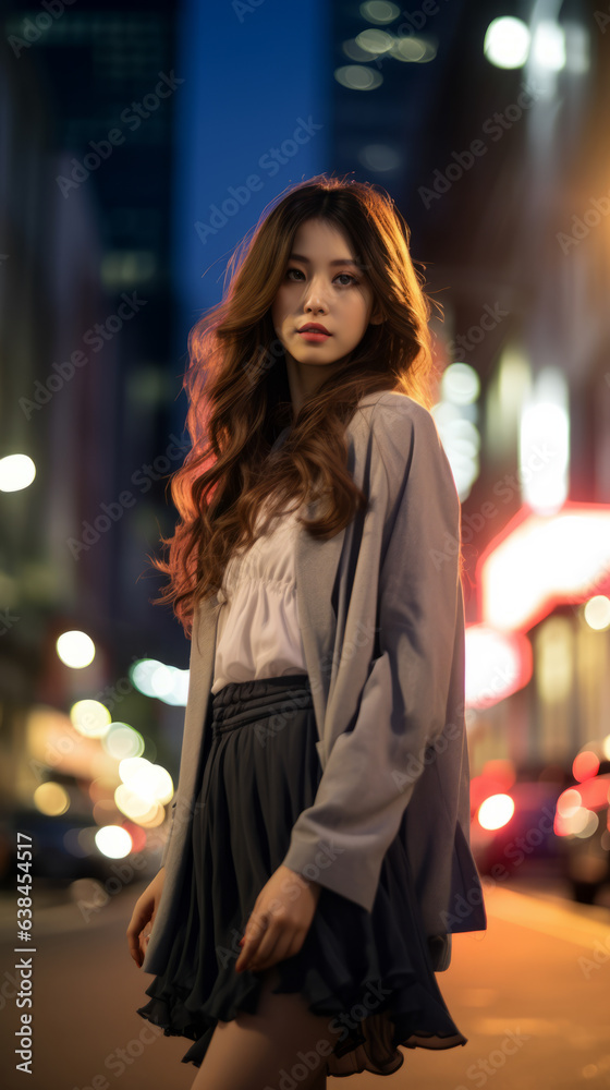 Fototapeta premium Young beautiful korean girl, walking through city at night