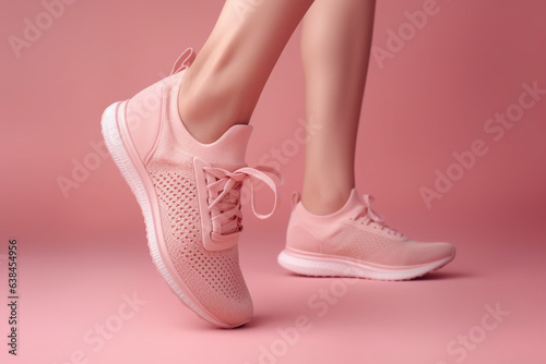 Cropped image of nice feminine fit thin slim legs in running shoes, isolated over pink pastel background