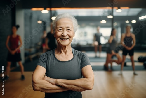 Portrait of smiling senior woman standing with arms crossed at the gym