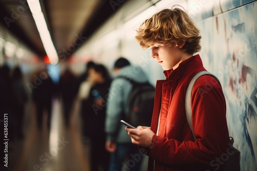 Young boy London subway. Generate AI