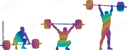 Set of silhouettes of weightlifting athletes on white background. Isolated vector colored images. Abstract vector image from colored dots of powerlifting sportsmen.