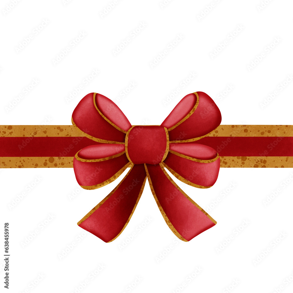 Red ribbon bow with gold stripes isolated on transparent background Red ribbon bow with gold stripes isolated on transparent background