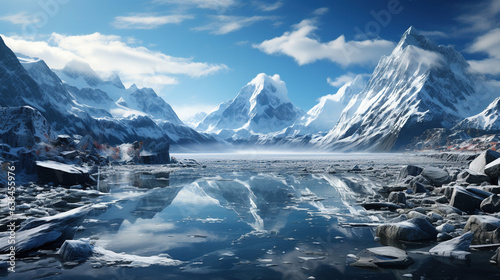 A Glacier Majestic Icebergs Floating River Surrounded by Towering Mountains AI Generative