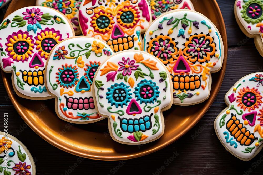 Top view of decorated sugar cookies for Day of Dead holiday. AI Generated.