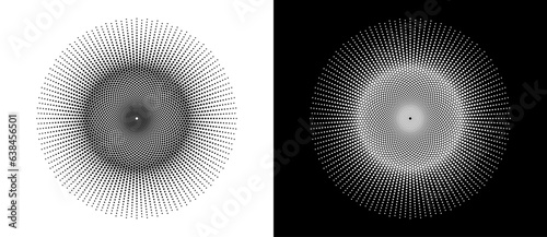 Art sun background. Tattoo template or logo with halftone dotted lines. Black shape on a white background and the same white shape on the black side.