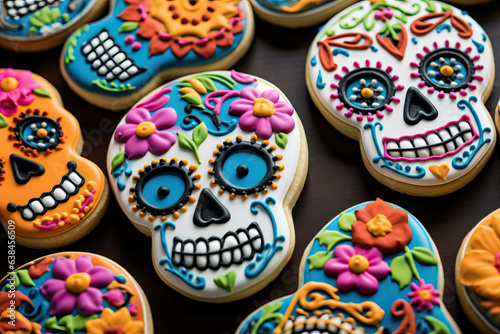 Top view of decorated sugar cookies for Day of Dead holiday. AI Generated.