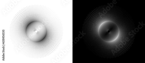Art sun background. Tattoo template or logo with halftone dotted lines. Black shape on a white background and the same white shape on the black side.