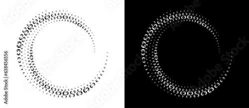 Modern abstract background. Halftone EURO sign in circle form. Round logo. Design element or icon. Black shape on a white background and the same white shape on the black side.