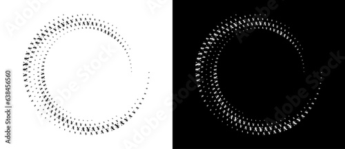 Modern abstract background. Halftone YEN sign in circle form. Round logo. Design element or icon. Black shape on a white background and the same white shape on the black side.