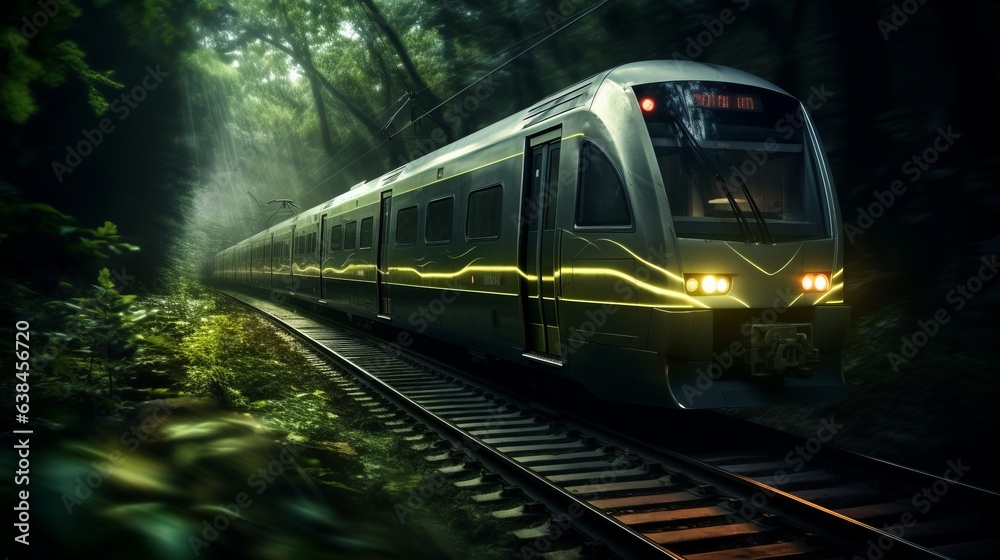 Naklejka premium A train passing through a vibrant green forest