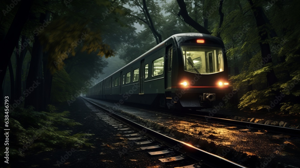 Fototapeta premium A train passing through a vibrant green forest