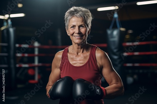 Portrait of smiling senior woman wearing boxing gloves in boxing ring at gym © Nerea