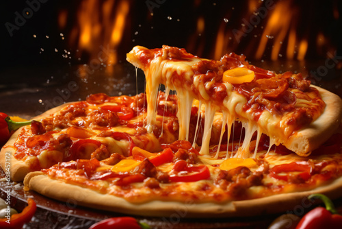 classic Italian pizza on a wooden tray, one single slice of pizza in pizza lifter, Stretchy Cheese, wooden rounded try