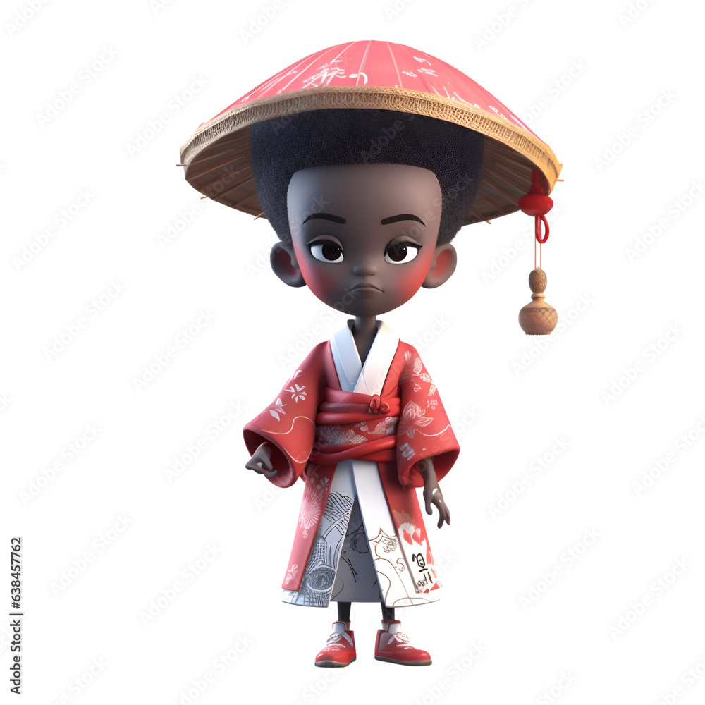 3D Illustration of a Little Black Boy in Traditional Japanese Costume