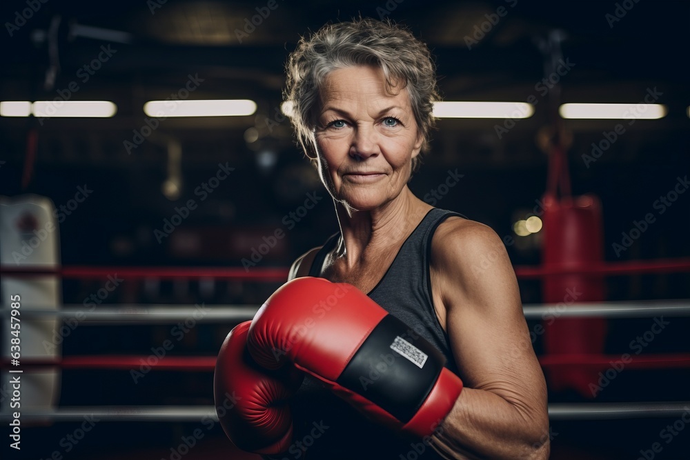 Portrait of senior woman wearing boxing gloves in boxing ring at gym