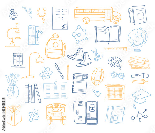 big set of school supplies. doodle style. concept of learning and education. vector 