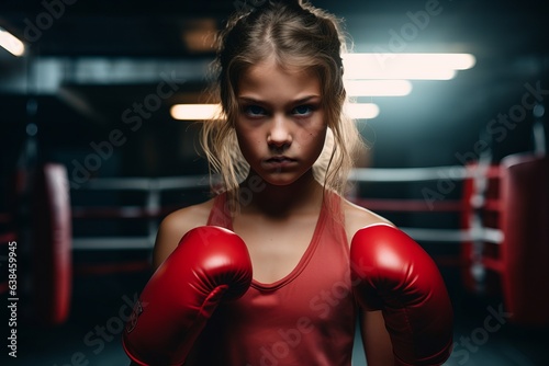 Portrait of a young female boxer in red boxing gloves in the gym.