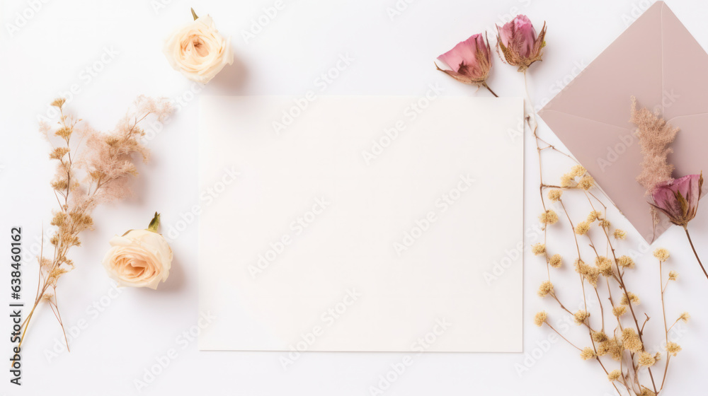 Card mockup and dried flowers top view on white background with, flat lay, Space for design, spring holiday floral template, copy space, Blank, greeting card template.