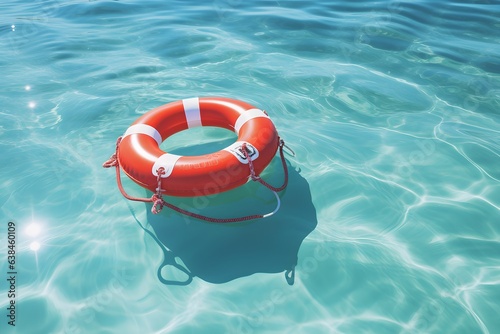 A circular orange life buoy is floating on a crisp blue sea in daylight. Likely thrown by a lifeguard. Generative AI.