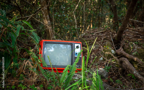 Red retro old television in the forest, outdoors.