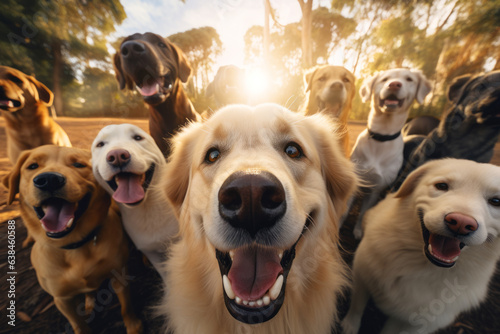 A pack of friendly dogs, wide angle lens, tongues out, tails wagging. Cute doggos, playful, golden hour. Man's best friend. Summer.