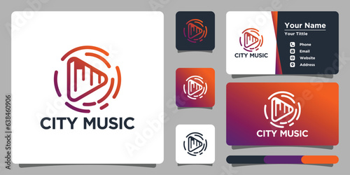 Music logo design with gradient unique and bussines card. Premium Vector
