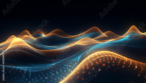 Yellow and gold, abstract background. Inspired by soundwaves. Flowing background. electrons travelling in waves. Dark background. 