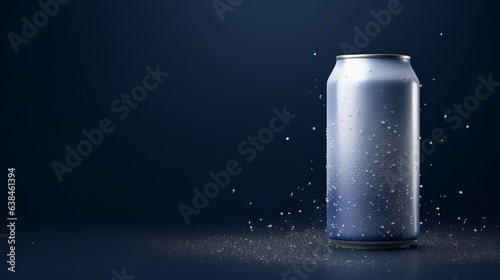 White aluminum can with cold water droplets isolated on blue background