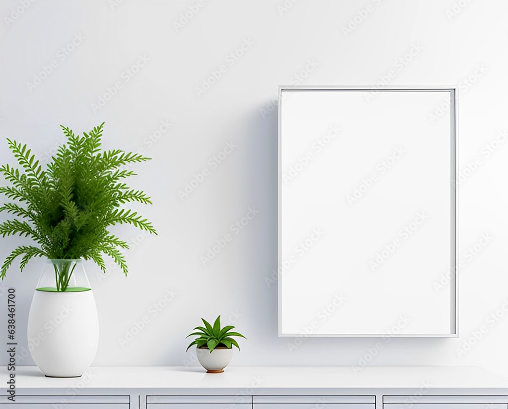Fototapeta premium Empty frame mockup on white wall background next to artificial plants.