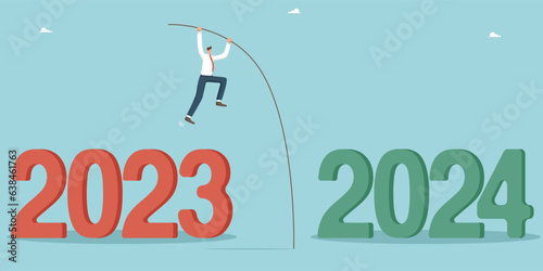 Hopes for new opportunities and success in the new year 2024, economic forecast and vision for business development in new year, review of results of past year, man with pole vaults from 2023 to 2024.