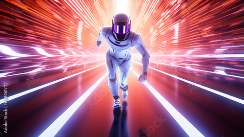futuristic robot running on the road, high-speed neon light