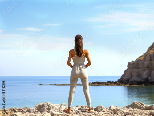 Full length portrait of healthy young woman doing yoga balance exercise at the beach. AI generated