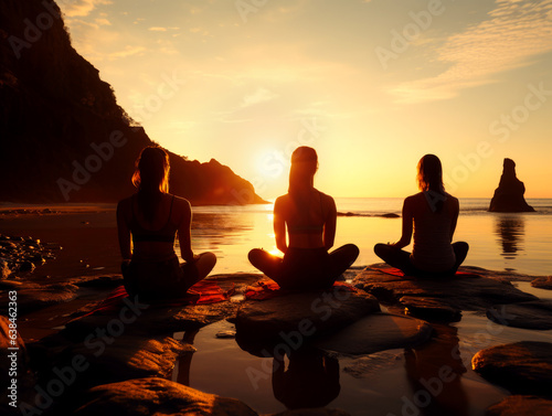 group of people doing exercises at dawn, doing yoga, a healthy lifestyle. AI generated