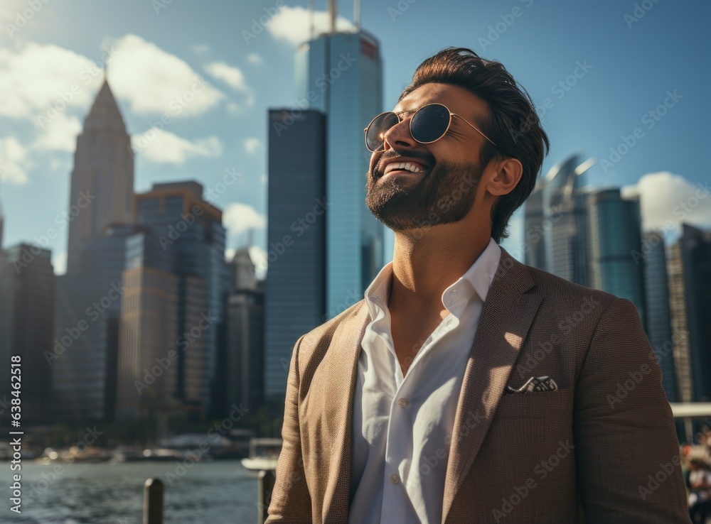 Indian man looking up at business on background of city by the water Indian man looking up at business on background of city by the water