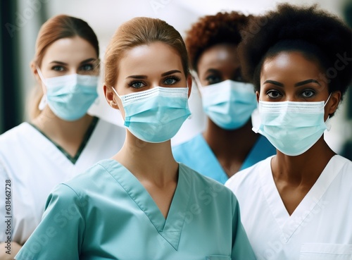 Group of doctors and nurses showing face masks in hospital
