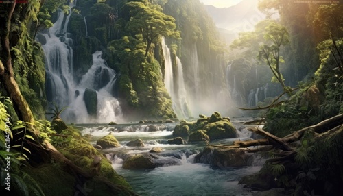 A beautiful waterfall surrounded by trees in the middle of the forest, grandiose natural splendor, sunny rays.