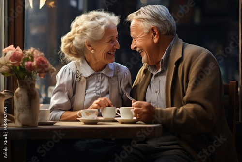 Happy elderly people in cafe