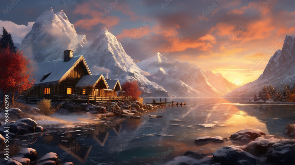 Fantastic winter landscape. Dramatic sunset over fjord - obrazy, fototapety, plakaty 
