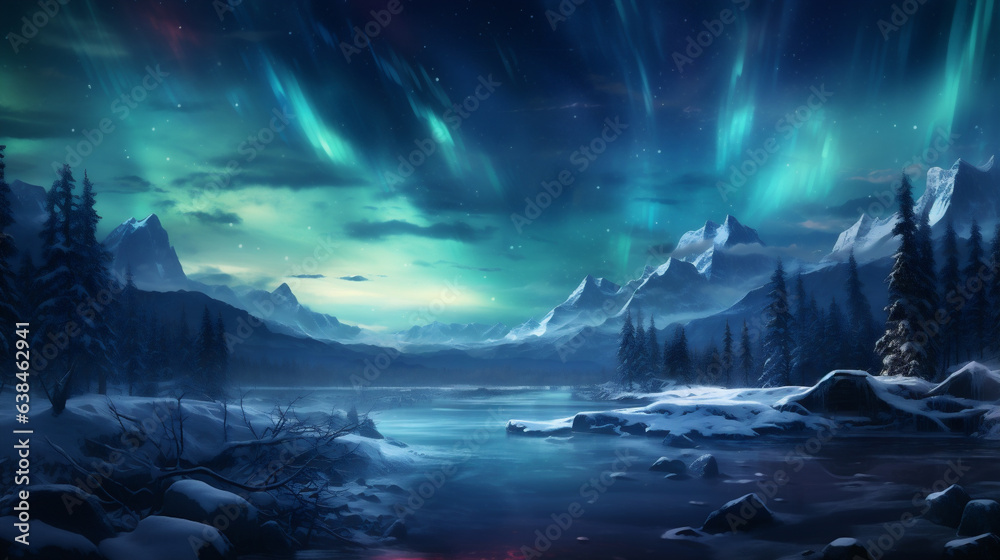 Northern lights over mountain lake. Aurora borealis in night sky. Stock ...
