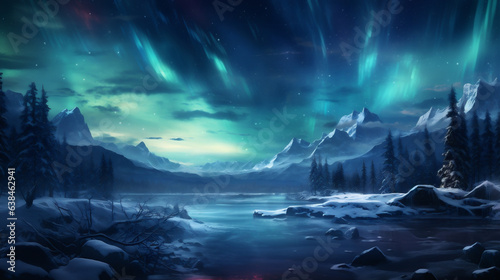 Northern lights over mountain lake. Aurora borealis in night sky.