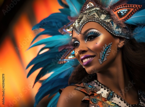 Girl with feathers dressed up at carnival