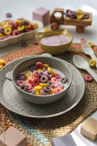 Colorful cereal rings with milk in bowl. Dry children's breakfast. Cute children's plates and bowls with tasty food. Creative serving for baby. Concept of kids menu, nutrition and feeding.
